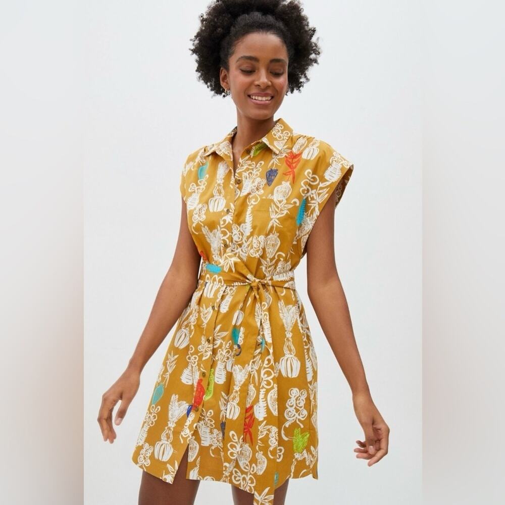 Anthropologie Maeve Women's Toni Tunic Dress Mustard Cotton Floral Belted XS